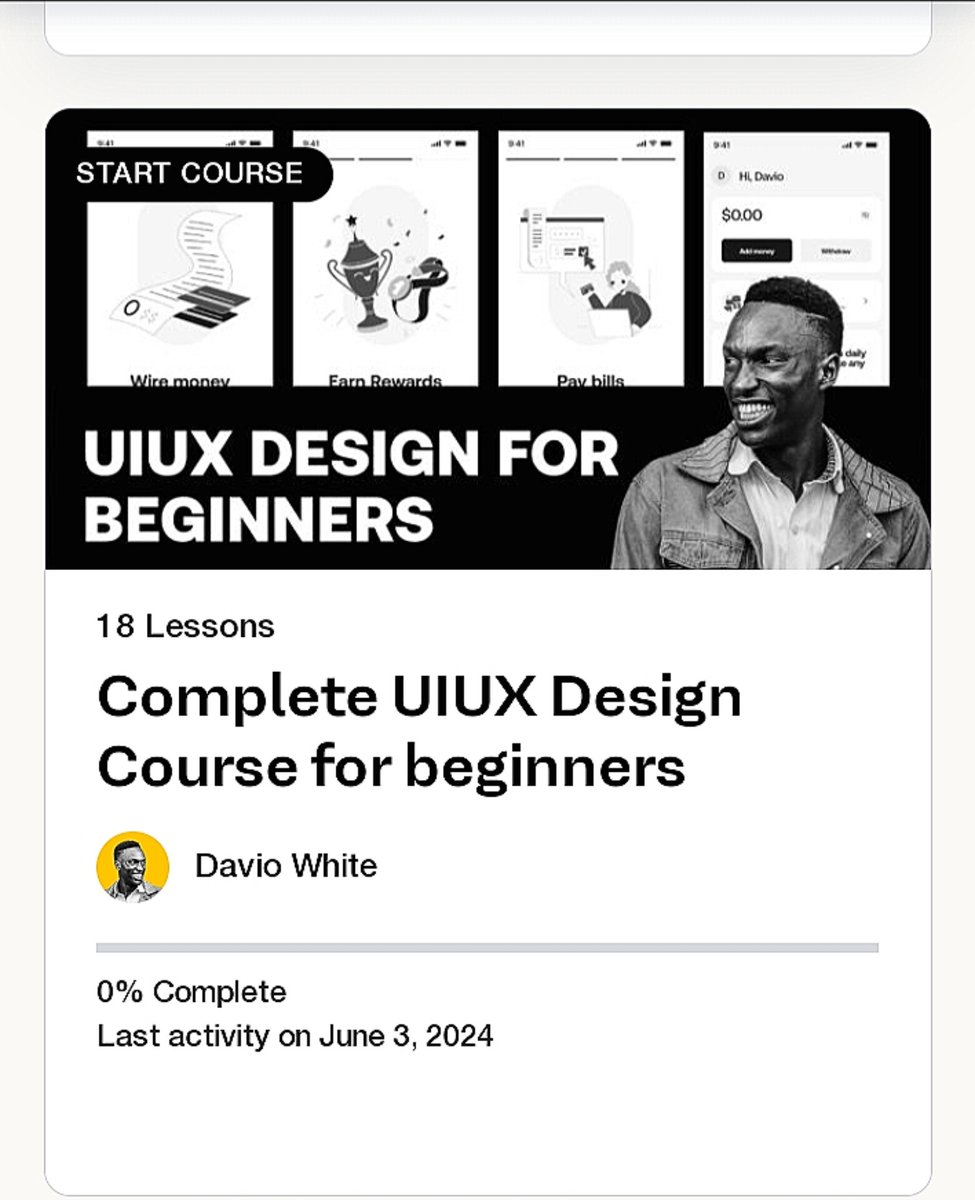 79iterations's tweet photo. I got the UI/UX design course for beginners by @Daviowhite today. Becoming a product designer has been on  my to-do list since January. 

I started in January and my laptop decided to leave me on the journey. i still havent gotten another one but i want to keep my word to myself. https://t.co/X8MWi3jXG2