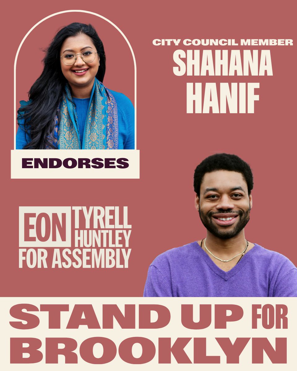 EonHuntley4BKN's tweet photo. I'm honored to have the support of @ShahanaFromBK! She's been a fearless supporter of tenants' rights, climate justice, and a vocal supporter of a ceasefire and an end to the genocide in Palestine. I'm thrilled to have her on our team! https://t.co/pSPlhDd2a4