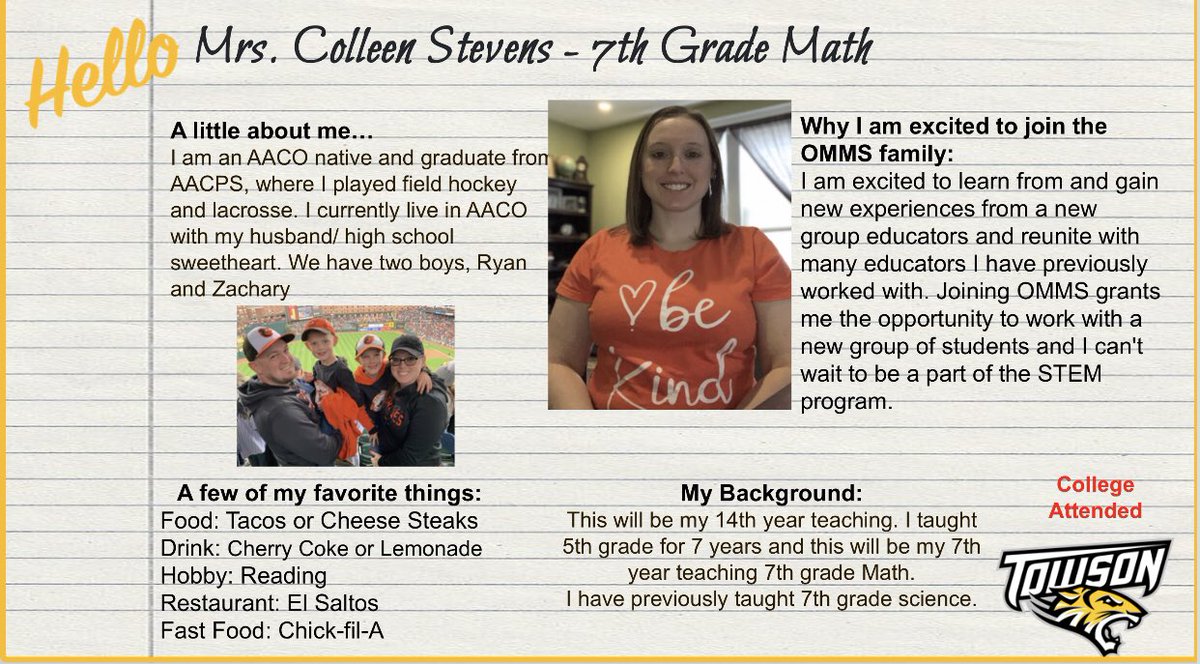 Please join me in welcoming Mrs. Stevens to OMMS! She is an #AACPSGrad who has taught at both elementary and middle school. She has a wealth of knowledge and we cannot wait for her to join our team! #BelongGrowSucceed #AACPSAwesome #PatriotPride #welcometotheteam