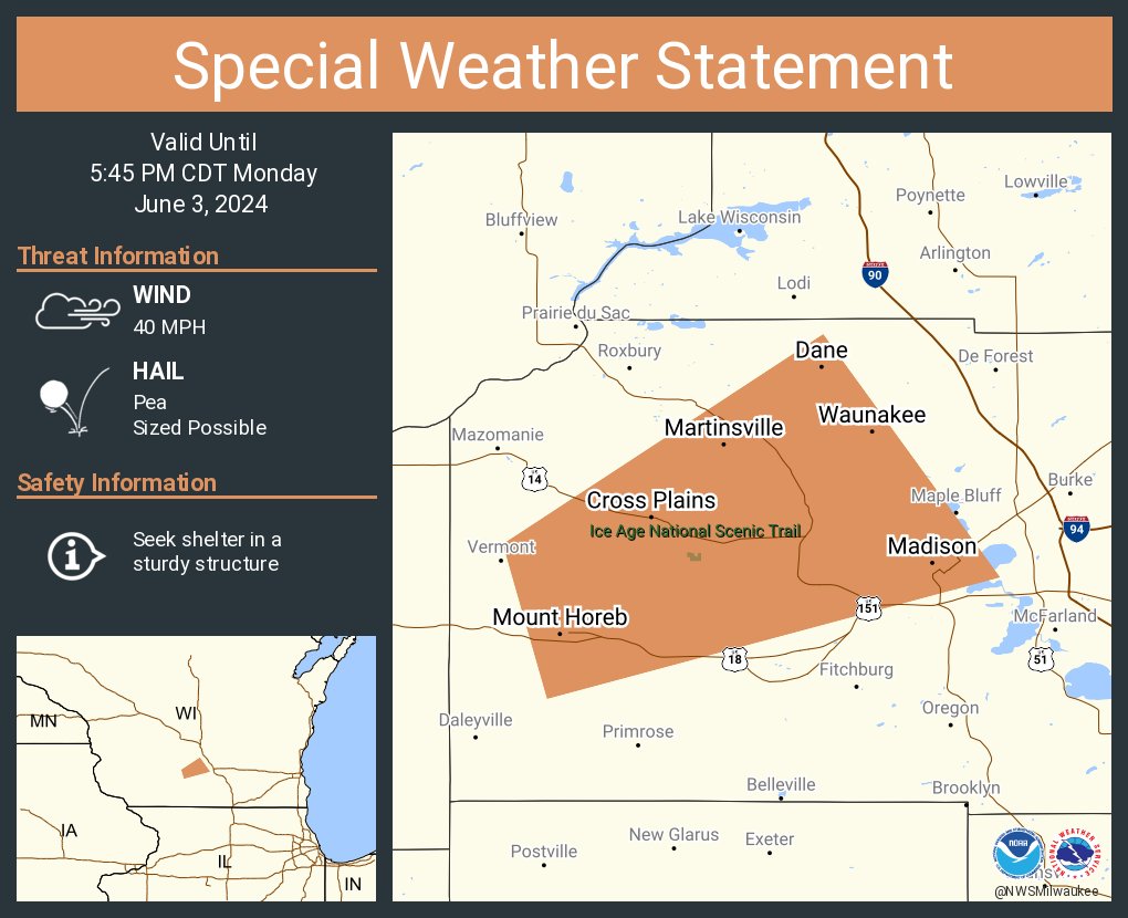 NWSMilwaukee's tweet photo. A special weather statement has been issued for Madison WI, Middleton WI and  Waunakee WI until 5:45 PM CDT https://t.co/WEzqTyeUrS