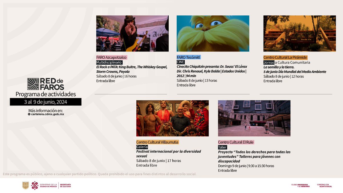 ComunitariaCdMx's tweet photo. Para esta semana, del 3 al 9 de junio, la #RedDeFaros de la Secretaría de @CulturaCiudadMx presenta la cartelera cultural, una serie de eventos artísticos que incluye conciertos, exposiciones y conversatorios.
#CulturalComunitaria

Más información en la: https://t.co/gCvyYX2QL7… https://t.co/axfL4B4Uyp