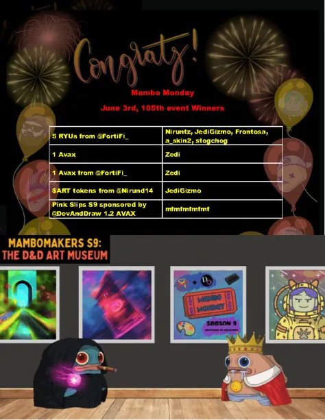MamboMakers's tweet photo. Thank you for joining us for another super fun Mambo Mondays (105th!) ❤

We discussed yield &amp; Salvor farming while watching our marbles race for endless prizes 🤑

Congratulations to the winners and see you next Monday! https://t.co/10LIRzo2EF