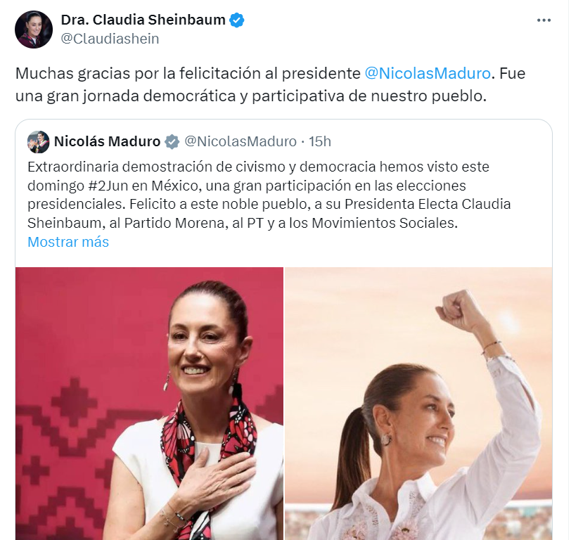 🇲🇽🇻🇪 | La nueva presidente de México, Claudia Sheinbaum, le agradece al dictador sanguinario de Venezuela, Nicolás Maduro, por su saludo, y se ríe de las denuncias de violencia política: 'Fue una gran jornada democrática y participativa de nuestro pueblo'.