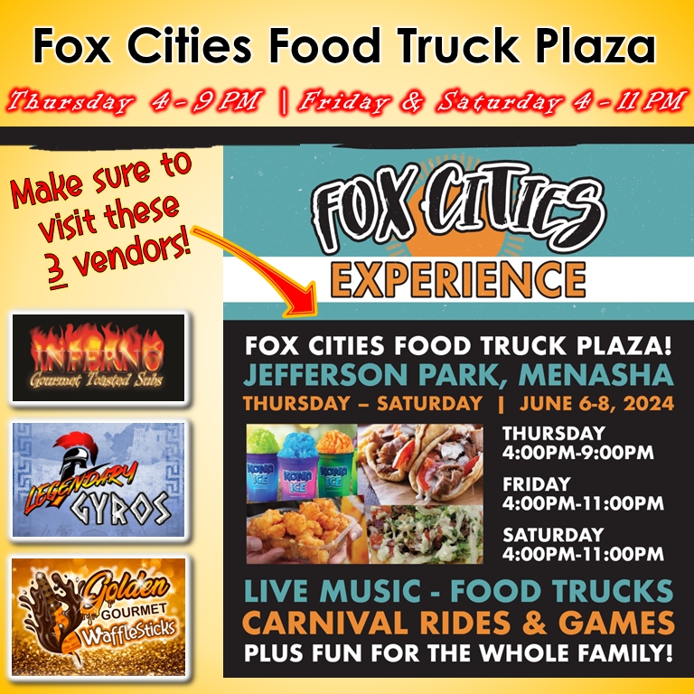 InfernoSubs's tweet photo. This weekend: Menasha! Check out the #FoxCitiesExperience for 3 incredible days of live music🎶 on several stages, carnival rides🎡, entertainment &amp; more at Jefferson Park. Get ready to #TurnUpTheHeat -- We're there with @legendary_gyros and @GoldenWafSticks Thursday-Saturday!🔥 https://t.co/awTKblfiB9