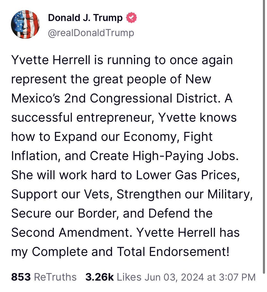Yvette4congress's tweet photo. Thank you President @realDonaldTrump! It’s an honor to have your support and I look forward to working together to restore our country after we both win this November! #NM02 https://t.co/EnIekTJXCQ