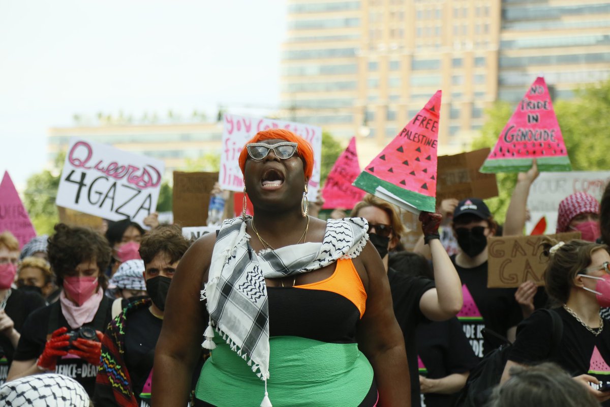 actupny's tweet photo. HAPPENING NOW: Over 300 members of ACT UP NY, @jvpliveNY, and @audrelorde are outside Chelsea Piers on the first Monday of Pride, to ask @OutrightIntl and all Queer organizations, WHERE IS YOUR OUTRAGE? THERE IS NO PRIDE IN GENOCIDE. https://t.co/7iX8eGLQCV