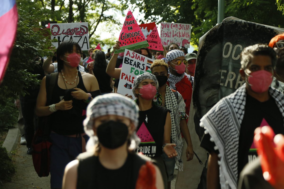actupny's tweet photo. HAPPENING NOW: Over 300 members of ACT UP NY, @jvpliveNY, and @audrelorde are outside Chelsea Piers on the first Monday of Pride, to ask @OutrightIntl and all Queer organizations, WHERE IS YOUR OUTRAGE? THERE IS NO PRIDE IN GENOCIDE. https://t.co/7iX8eGLQCV
