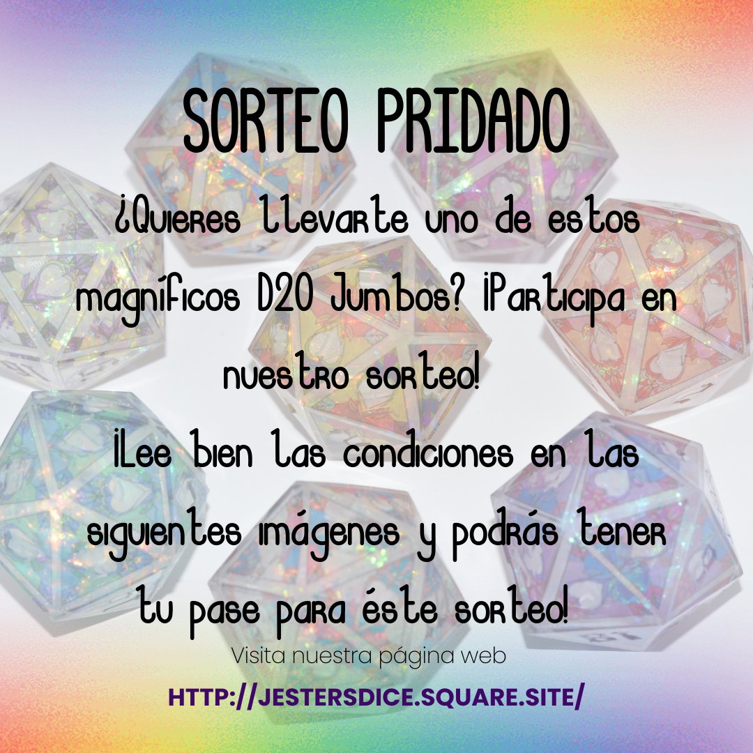Jesters_Dice's tweet photo. Hace mucho tiempo que no realizamos uno así que para este mes y hasta el 16 de Junio podéis participar en ¡nuestro sorteo para llevarte uno de nuestros #Pridados!

Podéis leer las bases en el siguiente enlace: https://t.co/zFDh0i4ibC

¡No dudéis en contactarnos en caso de duda! https://t.co/4k2Wn21669