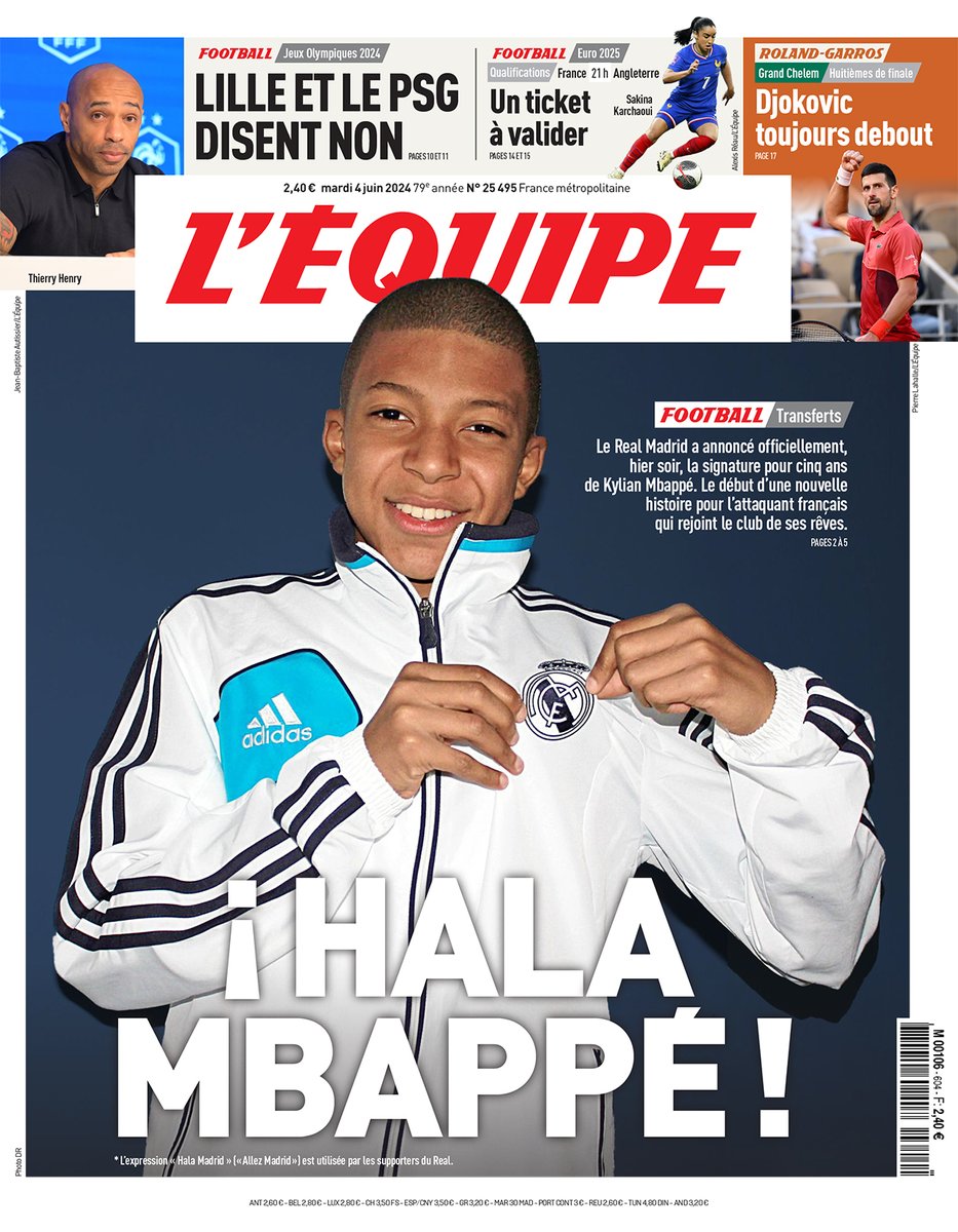 lequipe's tweet photo. 🗞️ « ¡ Hala Mbappé ! »

La une du journal L'Équipe du mardi 4 juin 2024 https://t.co/fiADph3FVZ