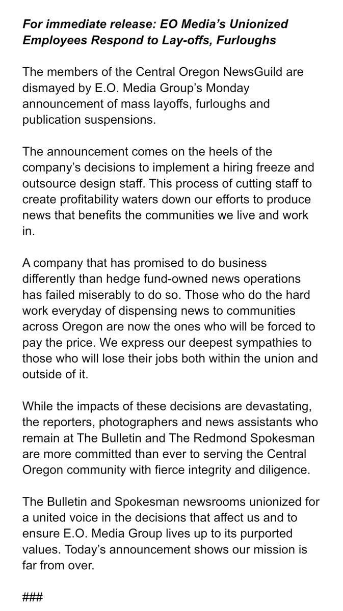 CentraloregonNG's tweet image. EO Media Group’s unionized employees respond to mass layoffs