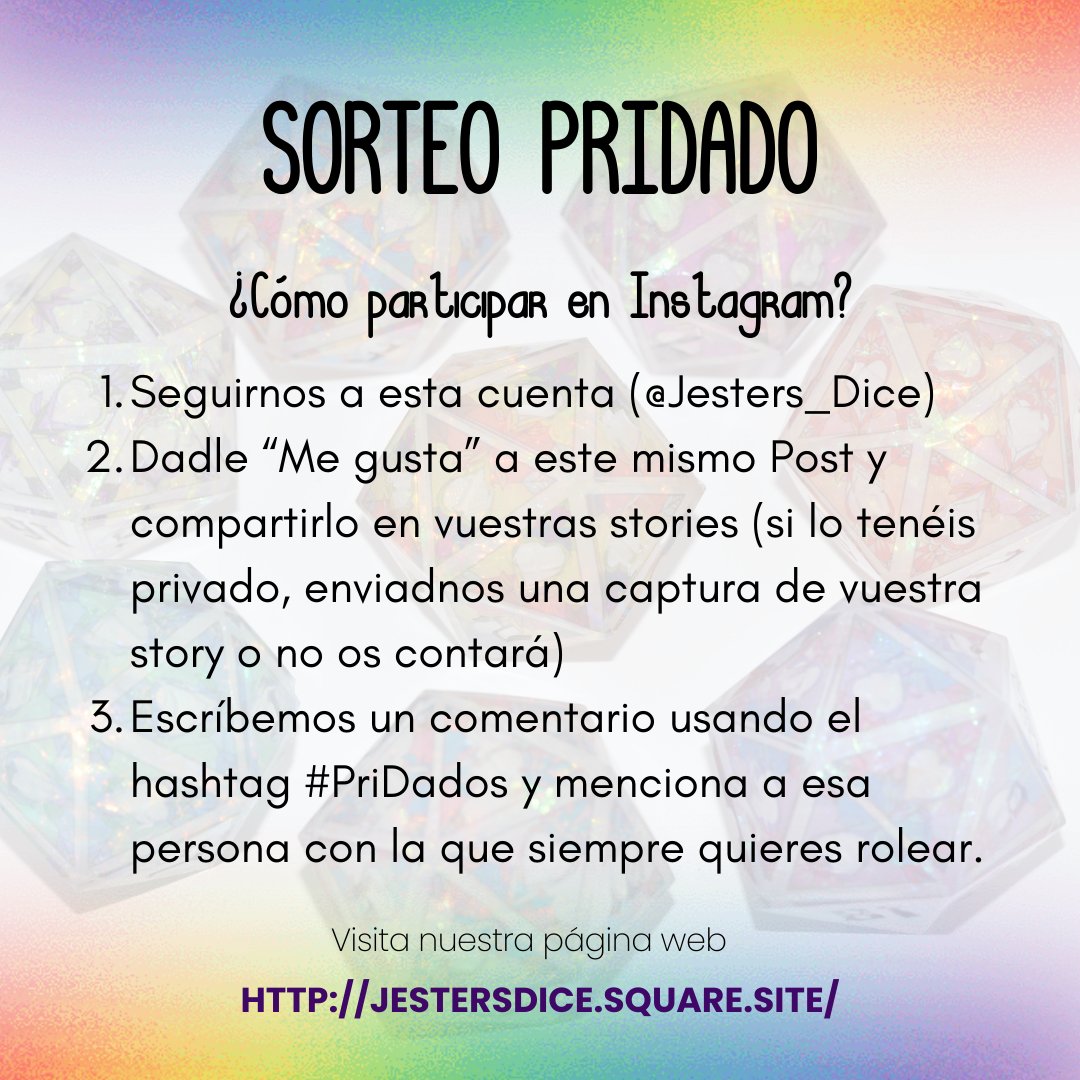 Jesters_Dice's tweet photo. Hace mucho tiempo que no realizamos uno así que para este mes y hasta el 16 de Junio podéis participar en ¡nuestro sorteo para llevarte uno de nuestros #Pridados!

Podéis leer las bases en el siguiente enlace: https://t.co/zFDh0i4ibC

¡No dudéis en contactarnos en caso de duda! https://t.co/4k2Wn21669