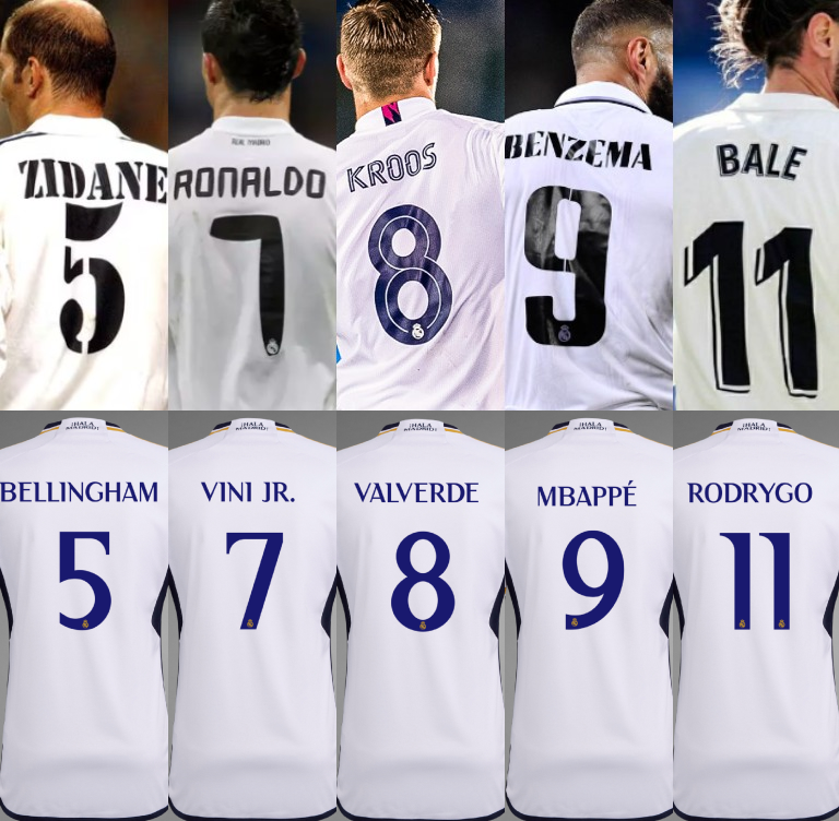 Esto SÍ es tener herederos realmente dignos:

✅ Jude Bellingham heredó el número 5 de Zidane.
✅ Vinicius Júnior heredó el número 7 de Cristiano.
✅ Fede Valverde heredará el número 8 de Toni Kroos.
✅ Kylian Mbappé heredará el número 9 de Karim Benzema.
✅ Rodrygo Goes heredó