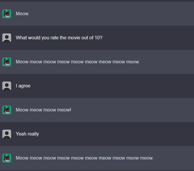 ghostteck6's tweet photo. @WoutervD I gave Catgpt the entire Bee Movie script, and I think it loved it. Thank you for making an awesome creation https://t.co/ihHbv0GWn6
