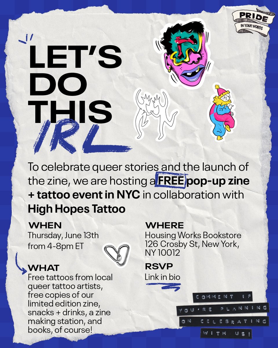 penguinrandom's tweet photo. We’re bringing #PrideInYourWords to NYC! 🌈
To celebrate queer stories and the launch of the zine, we are hosting a FREE pop-up zine + tattoo event in NYC in collaboration with High Hopes Tattoo — join us on June 13th at Housing Works Bookstore! 🍾
‼️ Tag your book bestie and let them know you want to attend 🤭
RSVP here: https://t.co/xCmr3r2Mf6