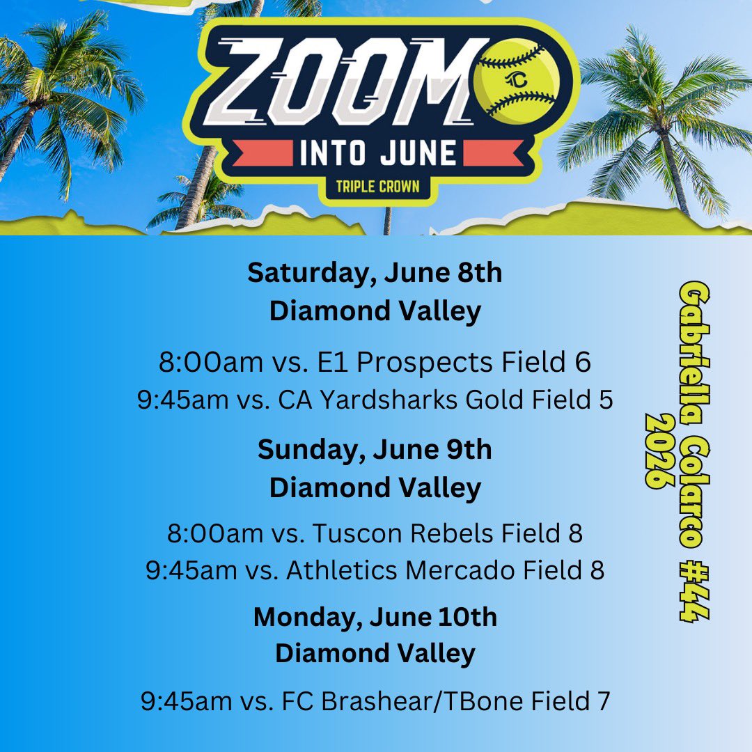 Schedule is out for Zoom into June

#zoomintojune  #softball #grad2026 #class2026 #uncommitted #outfielder
@MaxPreps @TopPreps @SoftballDown
@CoastRecruitsSB @SBRRetweets
@SATXrecruiting @SB_RECRUITS
@TOP_DIRECRUITS @UncommittedUsa
@LegacyLegendsS1 @ExtraInningSB