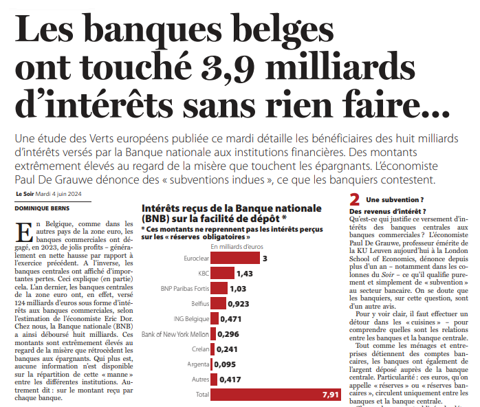 TransparenciaBE's tweet photo. L'état belge a versé 3,9 milliards aux banques privées sans rien faire, rien qu'en 2023. Un subside public absurde ou nos impôts garantissent les profits des banques privés. Ce n'est plus du capitalisme, juste du parasitisme subventionné avec nos taxes. https://t.co/tjA9NJ7cvk