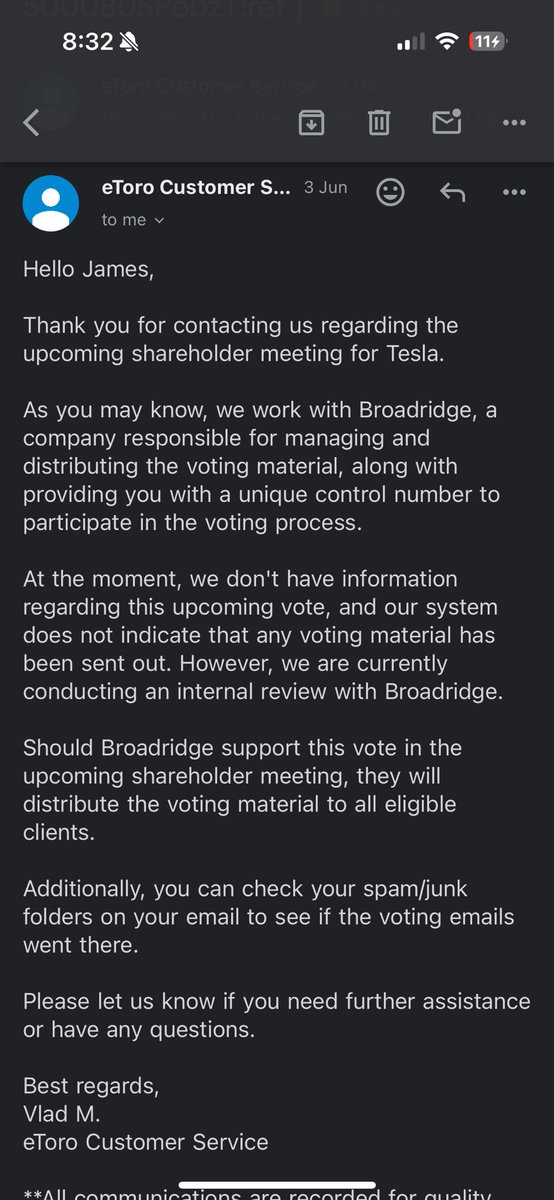 jamesbase's tweet photo. @SawyerMerritt any idea if EToro Stake holders can vote. I got this email saying we can’t. https://t.co/DA5OzeMTFD