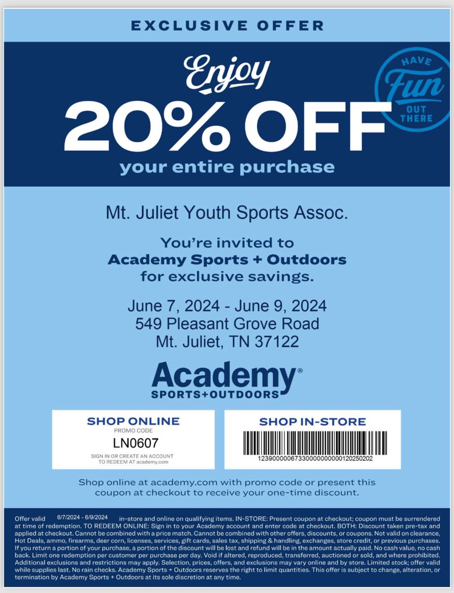 Uniform &amp; equipment fittings for tackle football &amp; cheer at Academy Sports+Outdoors on 6/8, 10am-1pm.  20% off in-store or online purchase.  This discount is for all merchandise, not just sports equipment.  Click link in bio to register to play!