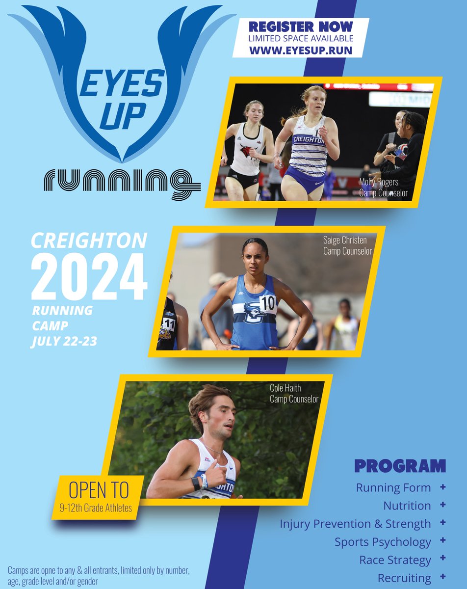 EyesUpRunning's tweet photo. Meet our camp counselors!   

Just a few spots left, get registered today for our Eyes Up Running Camp, July 22-23, at Creighton University.  Our goal is to help you unlock your potential, with a top tier staff!  

Register at https://t.co/T4kBuRuIwE https://t.co/DkYDVXqJrp