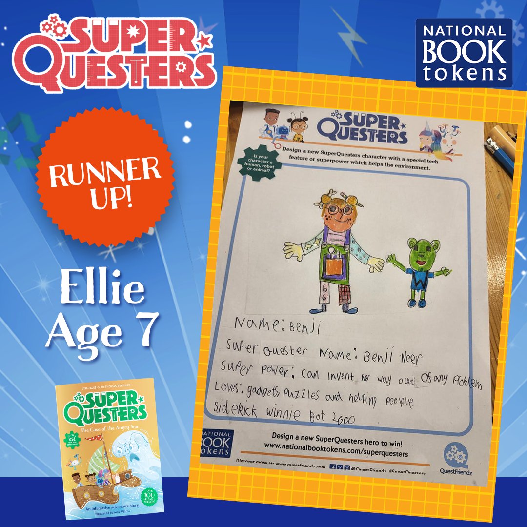 🎉 SuperQuesters Superhero Runners-up🎉 Ellie, Age 7, was another one of our runners-up in the @book_tokens competition. Her new SuperQuesters superhero is Ben-jineer (❤️). Check out the latest SuperQuesters book: bit.ly/SQ_CAS_Waterst…