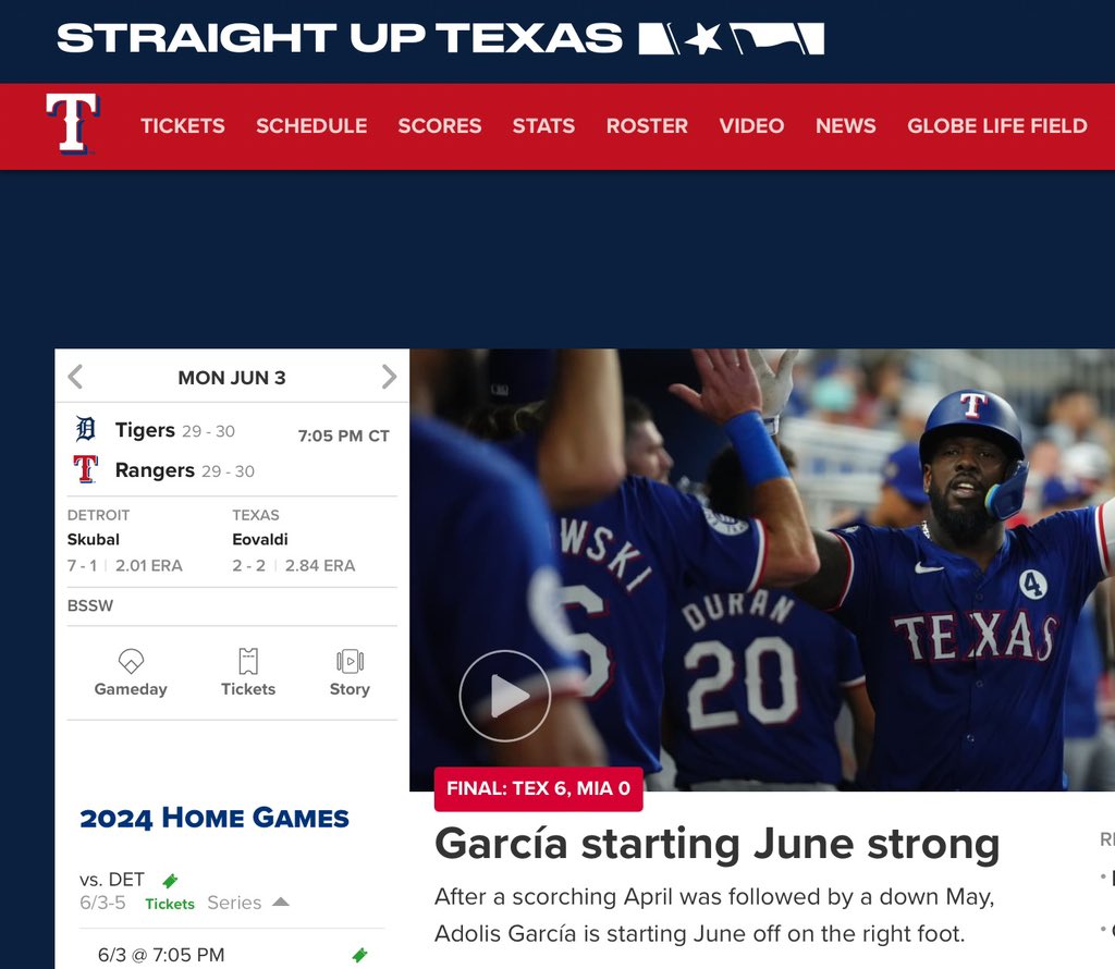 The Texas Rangers — the only MLB team without a Pride Night — have changed their website banner. Here are screenshots from May 29 vs. today. 

“Run it Back” has given way to “Straight Up Texas”

At best, it’s really unfortunate timing. At worst, it feels antagonistic.