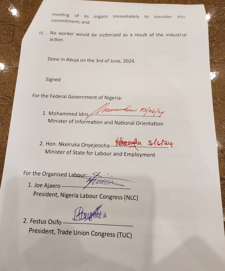 aonanuga1956's tweet photo. President Bola Tinubu gave an assurance to Organised Labour that his government is committed to a minimum wage above N60k. But negotiations will continue for the next one week  until an agreement is reached. Labour will call a meeting of all its organs. Hopefully the strike will be called off Tuesday. Read the full resolutions of the Tripartite Committee on Monday.