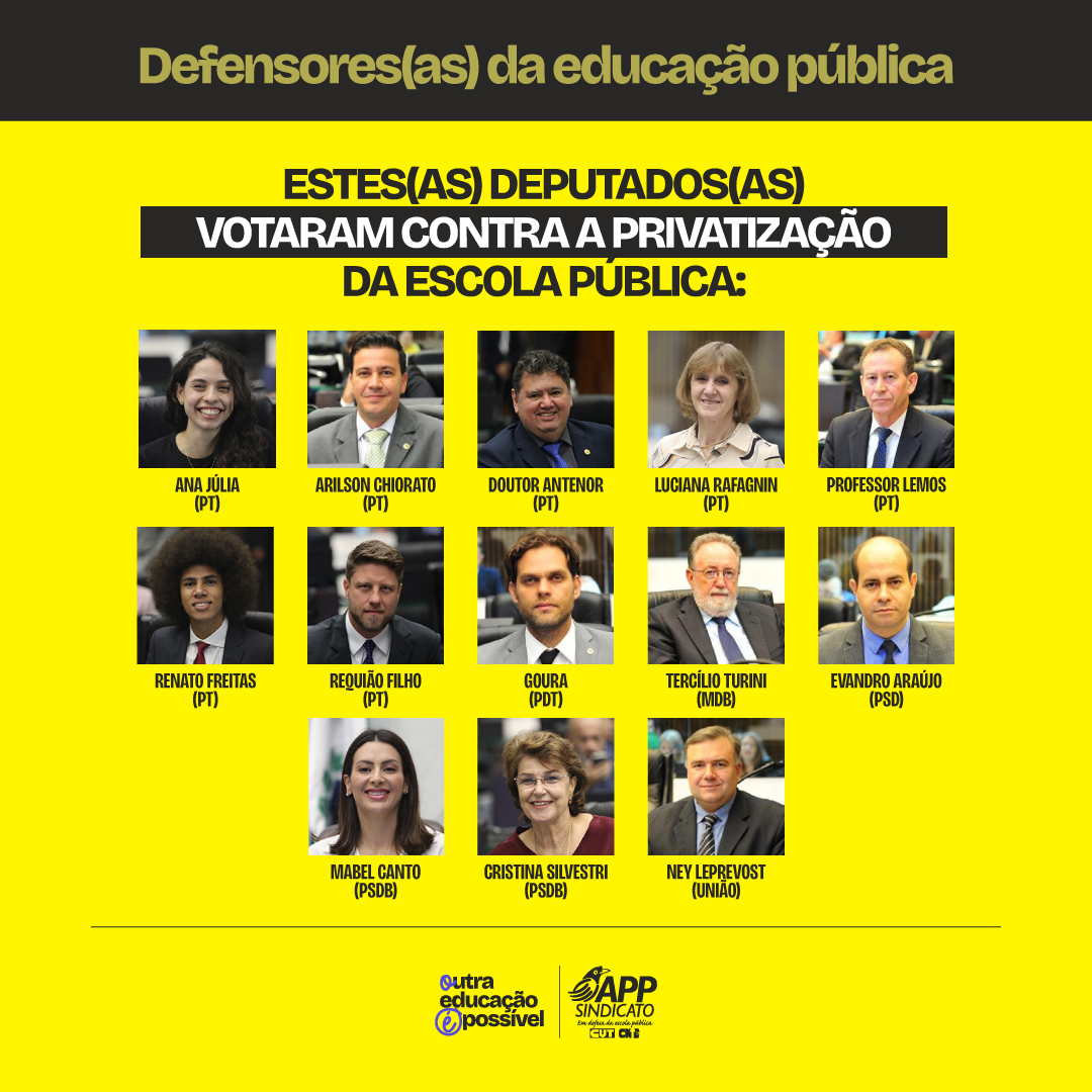 appsindicato's tweet photo. Confira quem são os deputados A FAVOR da escola pública e que dizem NÃO à privatização.

13 deputados defendem a escola pública e o direito da gestão democrática e humanizada.

Não esqueceremos! A luta continua!

#ÉGraveÉGreve
#NãoVendaAMinhaEscola
#EuDefendoAEscolaPública https://t.co/VyrdEDqLYt