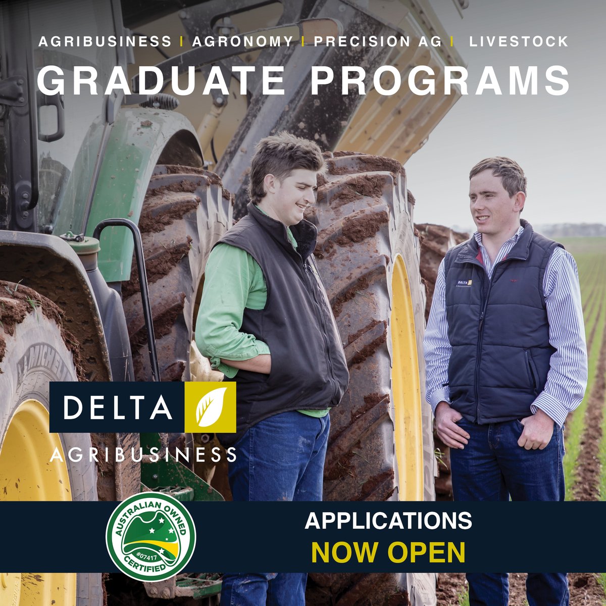 Grad Agro/Grad Agri now open.

2-year program gives those who have completed their tertiary agricultural based degree the opportunity to kick start their careers.

APPLY NOW: deltaag.com.au/graduates
