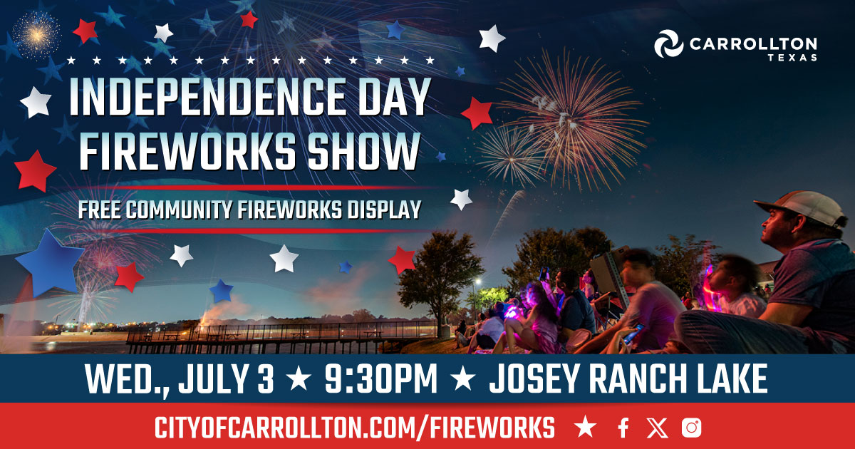 CarrolltonTX's tweet photo. The City of will host the annual free 15-minute Independence Day Fireworks Show over Josey Ranch Lake on Wed., July 3 (note the date). The display is scheduled to start after sunset at approximately 9:30pm. Learn more: https://t.co/RYRFtZkWH5. https://t.co/lSH4I3H8XB