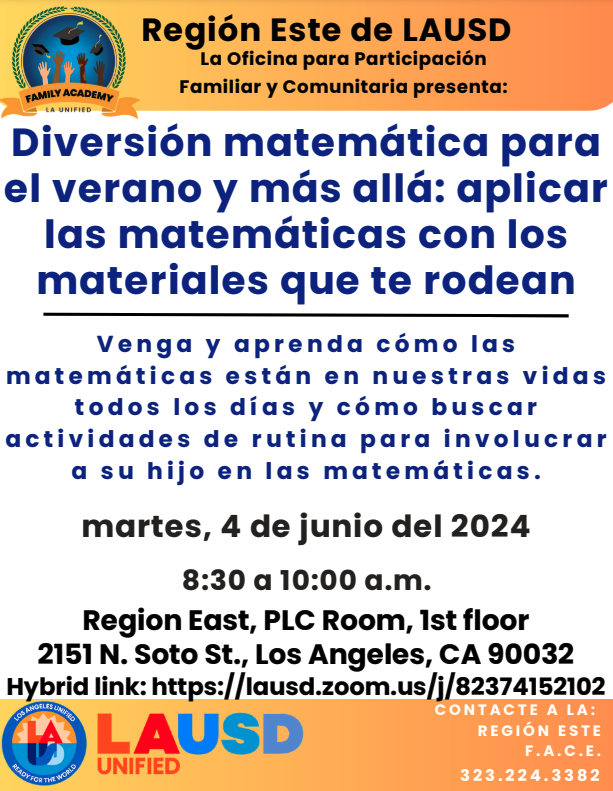 EastLANetwork's tweet photo. Join our Family Academy on Tuesday to learn about ways to engage your child in real–life math problem solving throughout the summer! This session is appropriate for all grade levels. https://t.co/D5nY4aBxbK
