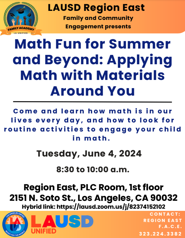 EastLANetwork's tweet photo. Join our Family Academy on Tuesday to learn about ways to engage your child in real–life math problem solving throughout the summer! This session is appropriate for all grade levels. https://t.co/D5nY4aBxbK