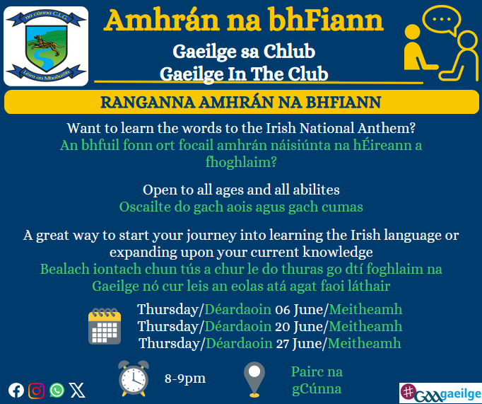 nacunnaclg's tweet photo. 🇺🇦 Ranganna Amhrán na bhFiann 🇺🇦

We will be offering classes to anyone interested in learning Amhrán na bhFiann. Open to all ages &amp; abilites (both linguistic &amp; singing 😀). If you are interested please either DM us on Social Media, or contact any Committee Member.

#gaagaeilge https://t.co/ByKtLRJUY2