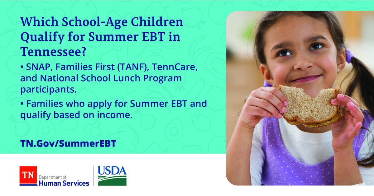 TNHumanServices's tweet photo. Children of #SNAP, #TennCare, and Families First (#TANF) participants are automatically enrolled in Summer EBT in Tennessee. If your child qualified for the 2023/24 #NSLP, this nutrition assistance program could be an option. Learn more today: https://t.co/13NkpYhJSe. https://t.co/NtqrzxK9ZX