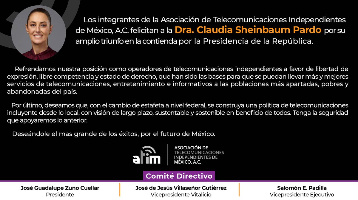 La ATIM felicita a la Dra. Claudia Sheinbaum Pardo por su amplio triunfo en la contienda por la Presidencia de la República. <a href="/Claudiashein/">Claudia Sheinbaum Pardo</a>