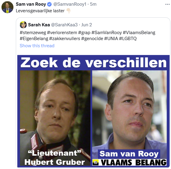 SarahKaa3's tweet photo. #stemzeweg #verlorenstem #grap #SamVanRooy #VlaamsBelang #EigenBelang #zakkenvullers #genocide #UNIA #LGBTQ #Hitler #Nazi #oorlog #eikel #waanstoornis #zandkastelen #luchtbellen #bedrog https://t.co/Ft18WGjpdW