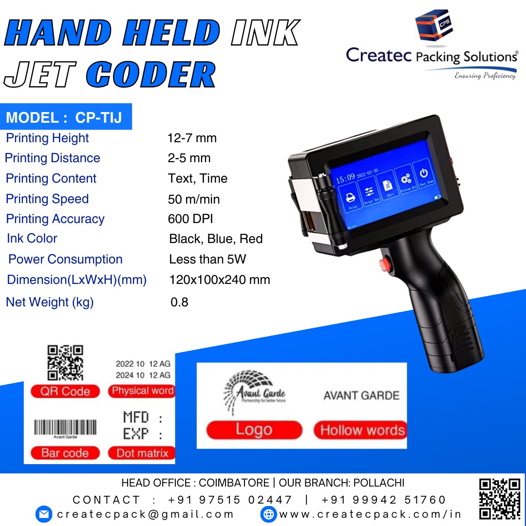 CreatecPacking's tweet image. "Revolutionize your product labeling with our handheld inkjet coding machine! 🚀 Compact, efficient, and perfect for on-the-go printing. Say goodbye to bulky equipment and hello to convenience. #PrintAnywhere #LabelingMadeEasy"
#InkjetCoding #HandheldPrinter #ProductLabeling