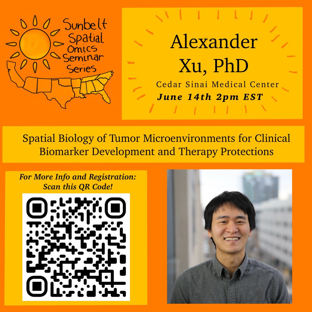 Sunbelt Spatial Omics Seminars!

Dr. Alexandar Xu, Ph.D. [<a href="/alexmxu/">Alex Xu</a>]
Cedar-Sinai Medical Center
June 14, 2 pm EST

Spatial biology of tumor microenvironments for clinical biomarker development and therapy protections

Register:

lnkd.in/eSH5tEy2

(Inspired by <a href="/RongFan8/">Rong Fan</a> )