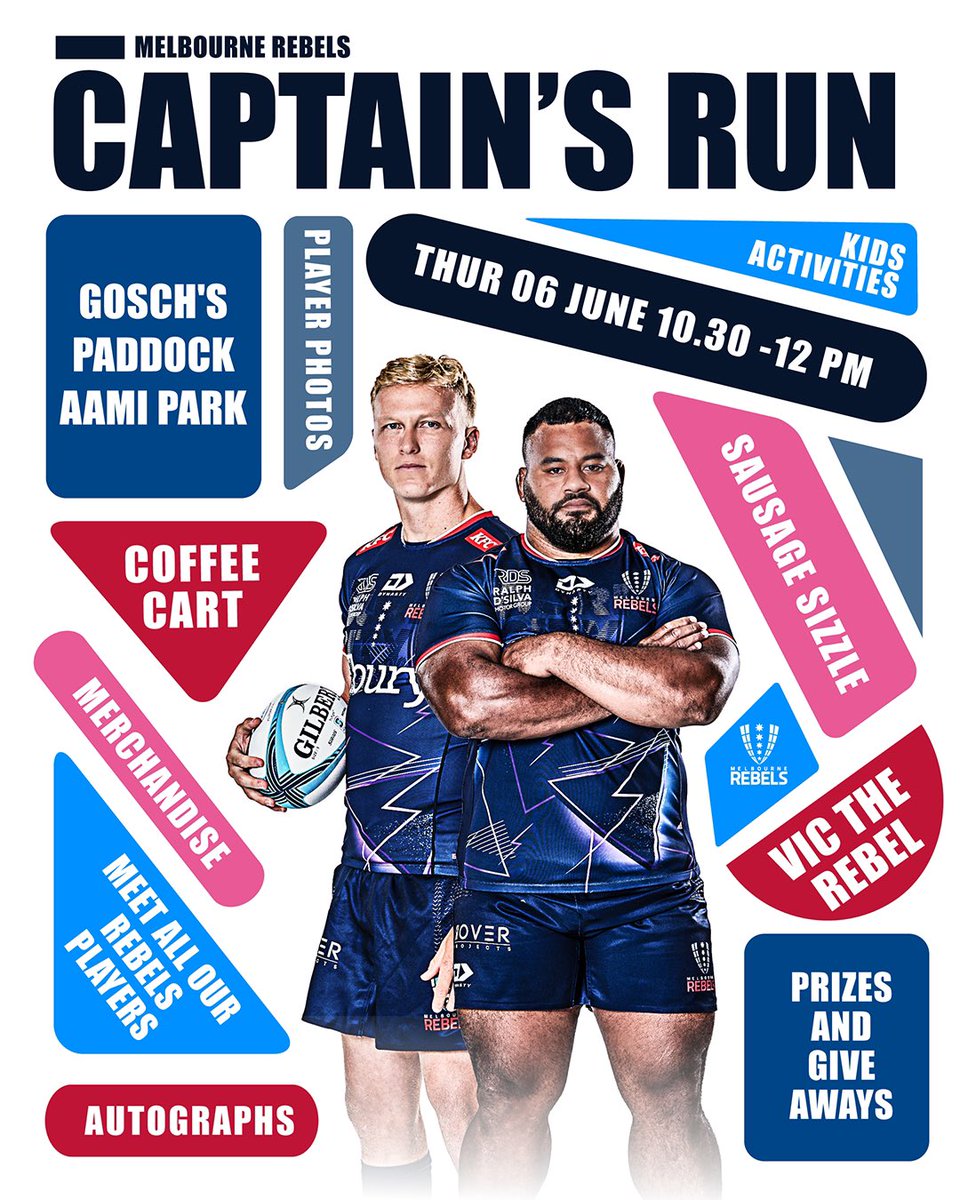 Join us at Gosch’s Paddock this Thursday morning, 10:30am-12pm! 

Watch the Captains run and meet your Rebels players for photos and autographs after. 🛡️🛡️

Coffee cart / Sausage sizzle and so much more 

ALWAYS FIGHTING // ALWAYS REBELS