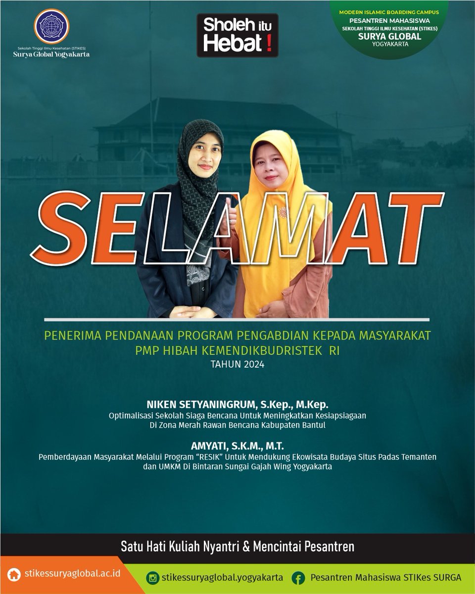 StikesSURGA's tweet photo. Alhamdulillah 5 dosen @StikesSURGA  menerima bantuan hibah dari Kemendikbudristek)RI Tahun Anggaran 2024.
Ada dua jenis pendanaan yang diberikan, yakni Pendanaan Penelitian Dosen Pemula (PDP) dan Pendanaan Pengabdian Masyarakat Pemula (PMP).

Dosen yg mendapatkan Pendanaan PDP : https://t.co/JNfIALLOZ9