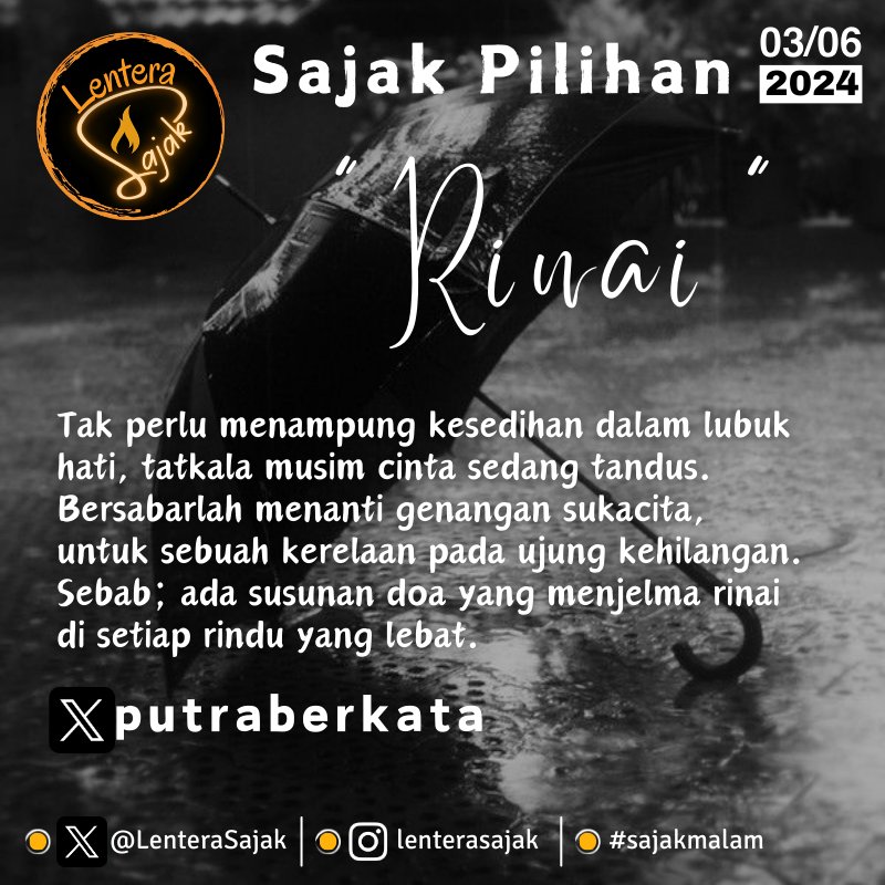 LenteraSajak's tweet photo. Sajak Pilihan kata kunci "rinai"
Selamat kepada tuan @putraberkata! 

#sajakmalam https://t.co/gbgXQe13t3