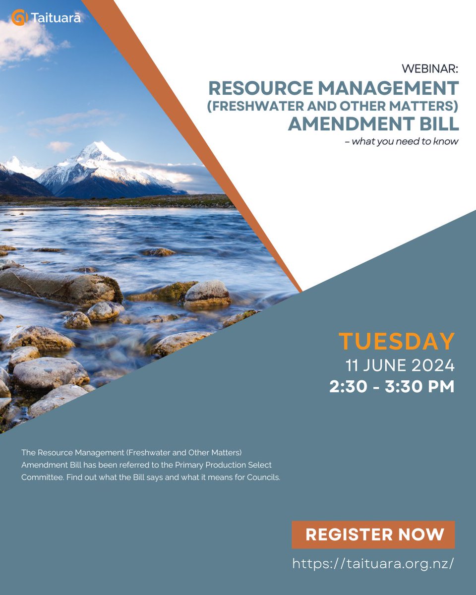 The Resource Management (Freshwater and Other Matters) Amendment Bill has been referred to the Primary Production Select Committee. Find out what the Bill says and what it means for Councils. Register today: tinyurl.com/3y9r8y6r