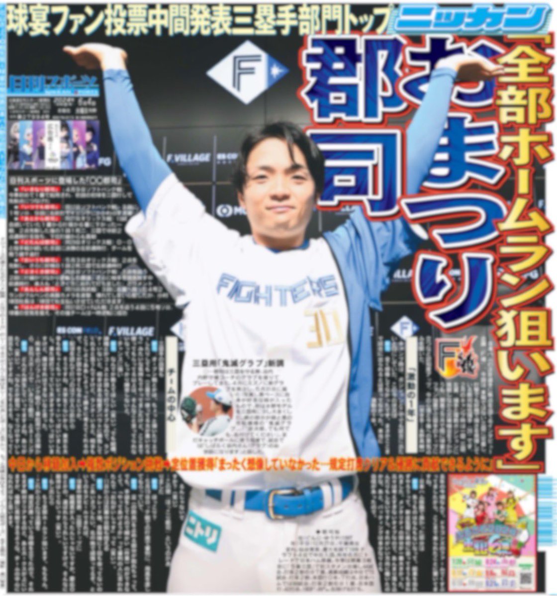 nikkan_fighters's tweet image. 本日4日付日刊スポーツ北海道版1面にて #郡司裕也  選手のインタビューを掲載しております！
現在ファン投票三塁手部門1位の #球宴 への思い、#ほにゃらら郡司 一覧と、郡司選手の感想なども聞かせていただきました♪もしよかったら🙇‍♂️#lovefighters
粋な配色の三塁用新グラブも届いたみたいです😎