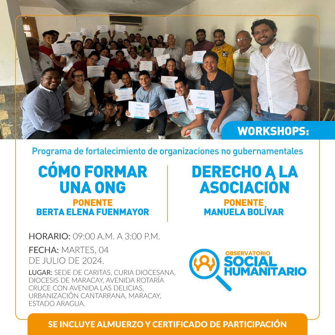 Nuestro Programa de fortalecimiento de ONG vuelve a Maracay con:

👉 ¿Cómo formar una ONG? 
👉Derecho a la asociación    

📅: Hoy 
⏰: 9:00 a.m.  
📍: Sede de Cáritas. Maracay, Aragua. 

Acercate y fórmate con nosotros.

¡Nos vemos en breve!