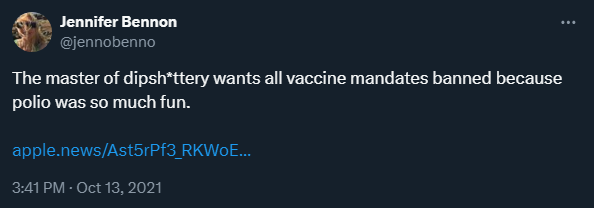 From the person that wanted vaccine mandates.  Hypocrisy at its finest. x.com/jennobenno/sta…