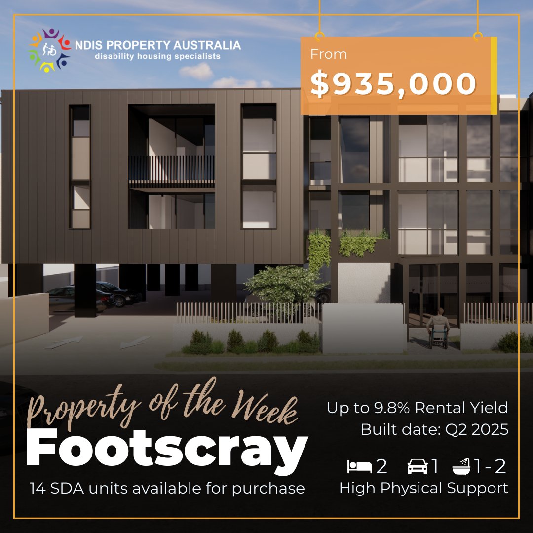 NDISPROPERTYAUS's tweet photo. Property of the Week: Footscray
This apartment includes 14 HPS units, each featuring 2 beds, 1-2 baths, and parking. Anticipated completion in Q2 2025 with rental yields up to 9.8%. 
Don't miss out! 
#NDIS #PropertyInvestment #SDA #FinancialReturns #SDAInvesment #SDAHomes https://t.co/A5XFQHoPR2