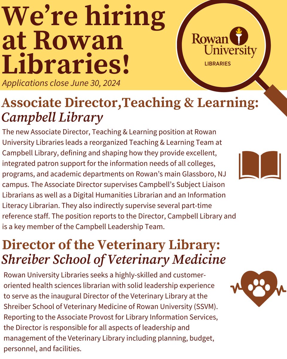 💼 We're hiring! Learn more &amp; apply:

📖 Associate Director, Teaching &amp; Learning - Rowan University Libraries:
lnkd.in/eCzpsRpz

🐾 Director of the Veterinary Library, Shreiber School of Veterinary Medicine of Rowan University:
lnkd.in/eWxTgybg