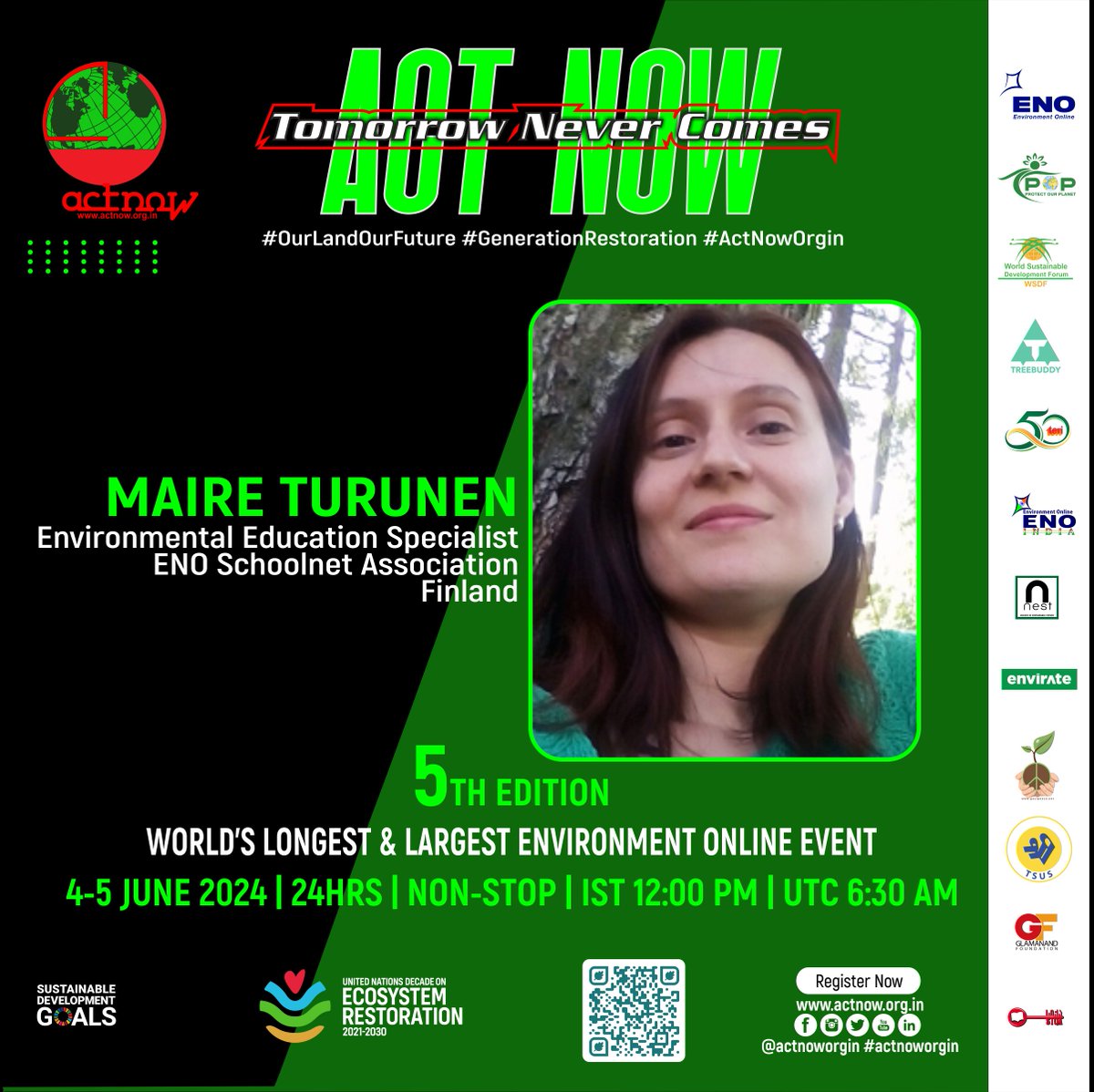 Add your voice, action, and commitment to

#TomorrowNeverComesActNow
5TH EDITION
WORLD’S LONGEST &amp; LARGEST ENVIRONMENT ONLINE EVENT
4-5 JUN’24|24HRS|NON-STOP|IST 12 PM|UTC 6:30 AM
Join: forms.gle/Xv8XBhWQCzVWm4…
@actnoworgin
@unep