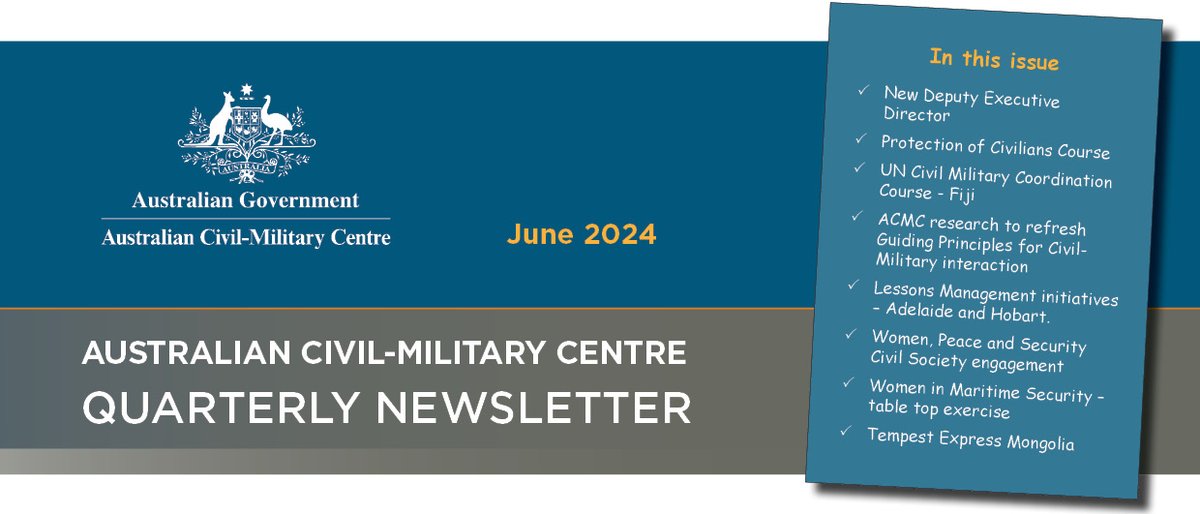 AustCivMil's tweet photo. ACMC's June Newsletter out now!  📰  
Read about ACMC's events, research, launches and more.  Download our latest edition now!
👉https://t.co/e1yOWcJ733 https://t.co/CcPfs8dzVx