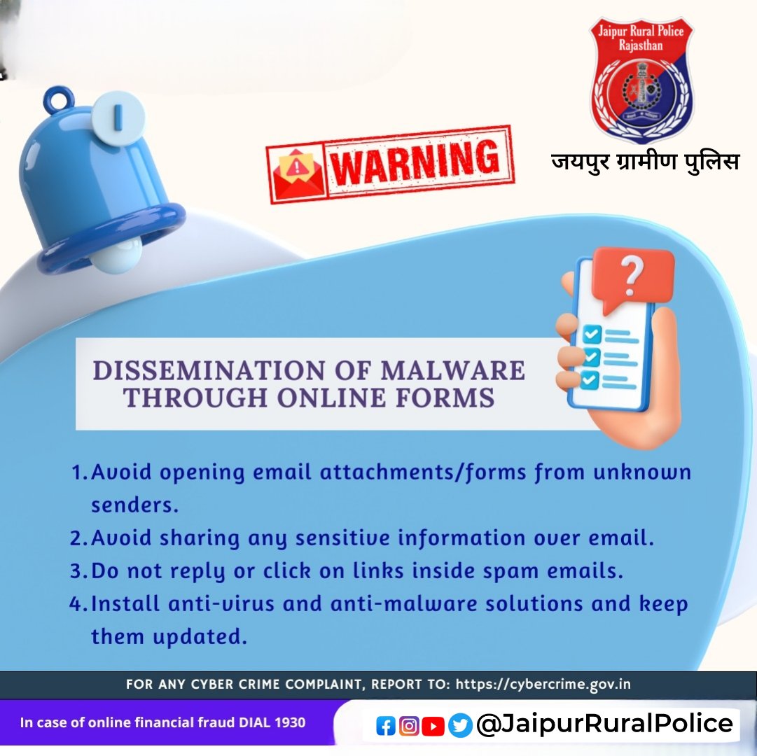 JprRuralPolice's tweet image. Stay vigilant against malware! Avoid unknown email attachments and keep your security software updated. 

#CyberSafety #OnlineSecurity #14C #MHA #Cyberdost #Cybersecurity #CyberSafeIndia #CyberSafeTips