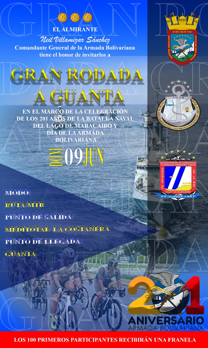 📢#Atencion // La @ArmadaFANBVzla te invita a la Gran Rodada en la ciudad de Guanta, el domingo 9️⃣ de junio, en conmemoración al 201° aniv de la Batalla Naval del Lago de Maracaibo y Día de la Armada Bolivariana. Te Esperamos ‼️ @NicolasMaduro